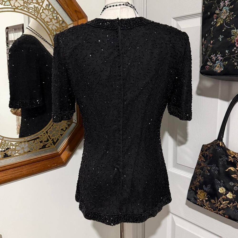 VTG 80s/90s Stenay Black 100% Silk Beaded V Neck Goth Glam Top w Shoulder Pads - Picture 5 of 8